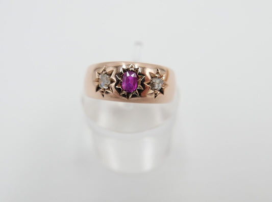 um 1900 Antiker Damen Ring Rotgold 585 14K Gr. 57 Diamanten & Rubin Stern Motiv - Antikhandel-Stuttgart