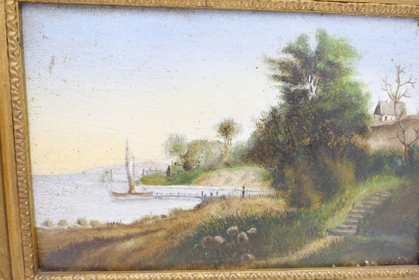 kleines Ölgemälde Öl auf Holz sig. C. Halm Landschaft Dünen Hafen very. Dänemark - Antikhandel-Stuttgart