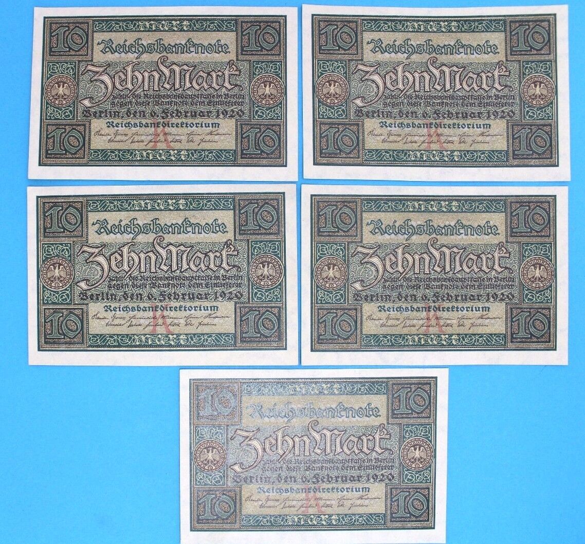 5x Ro. 63a Banknote 10 Zehn Mark 1920 old Bill KSF UNC fortlaufende Nr. TOP - Antikhandel-Stuttgart