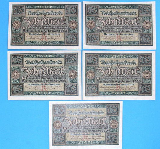 5x Ro. 63a Banknote 10 Zehn Mark 1920 old Bill KSF UNC fortlaufende Nr. TOP - Antikhandel-Stuttgart