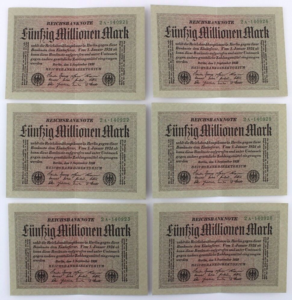 6x Ro. 108a Banknote 50 Millionen Mark Fortlaufend NR fast KFR 1923 TOP old Bill - Antikhandel-Stuttgart