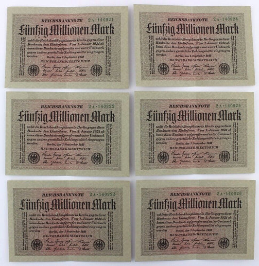 6x Ro. 108a Banknote 50 Millionen Mark Fortlaufend NR fast KFR 1923 TOP old Bill - Antikhandel-Stuttgart
