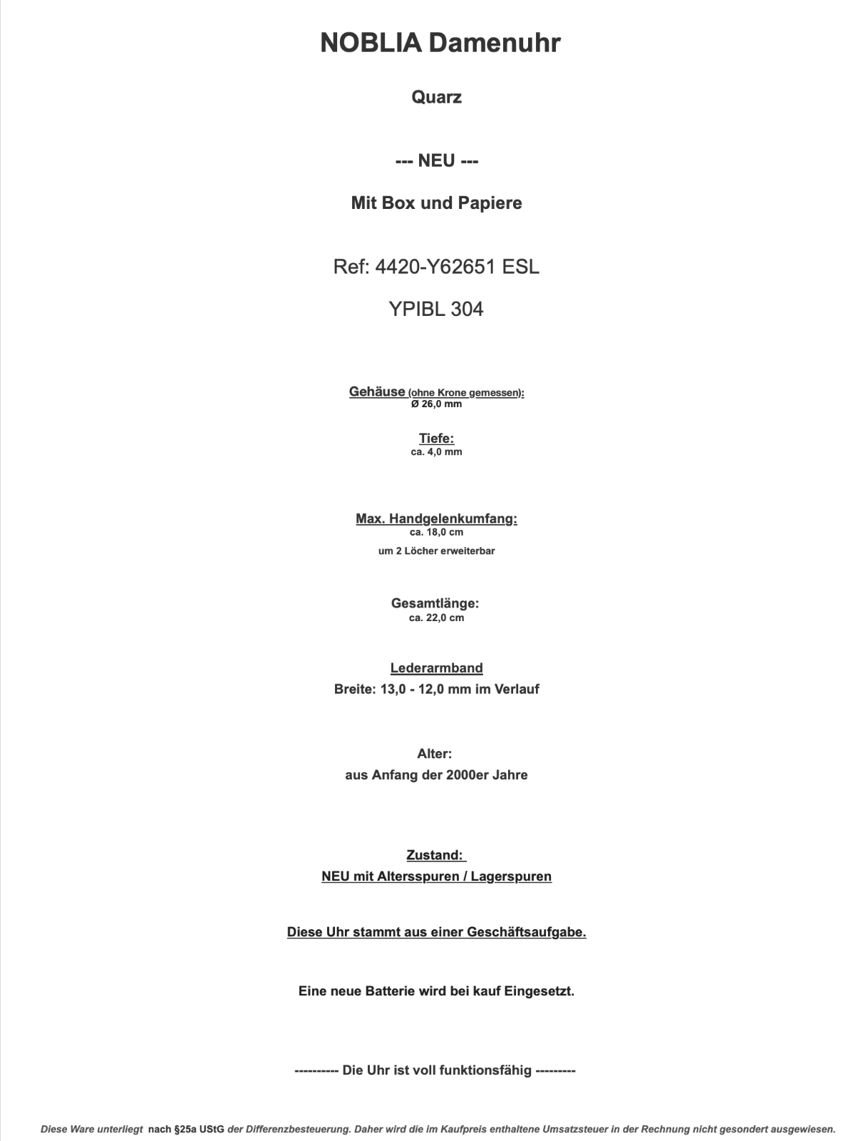 Elegante NOBLIA Damen Uhr NEU Box & Papiere YPIBL 304 / 4420-Y62651 ESL - Antikhandel-Stuttgart