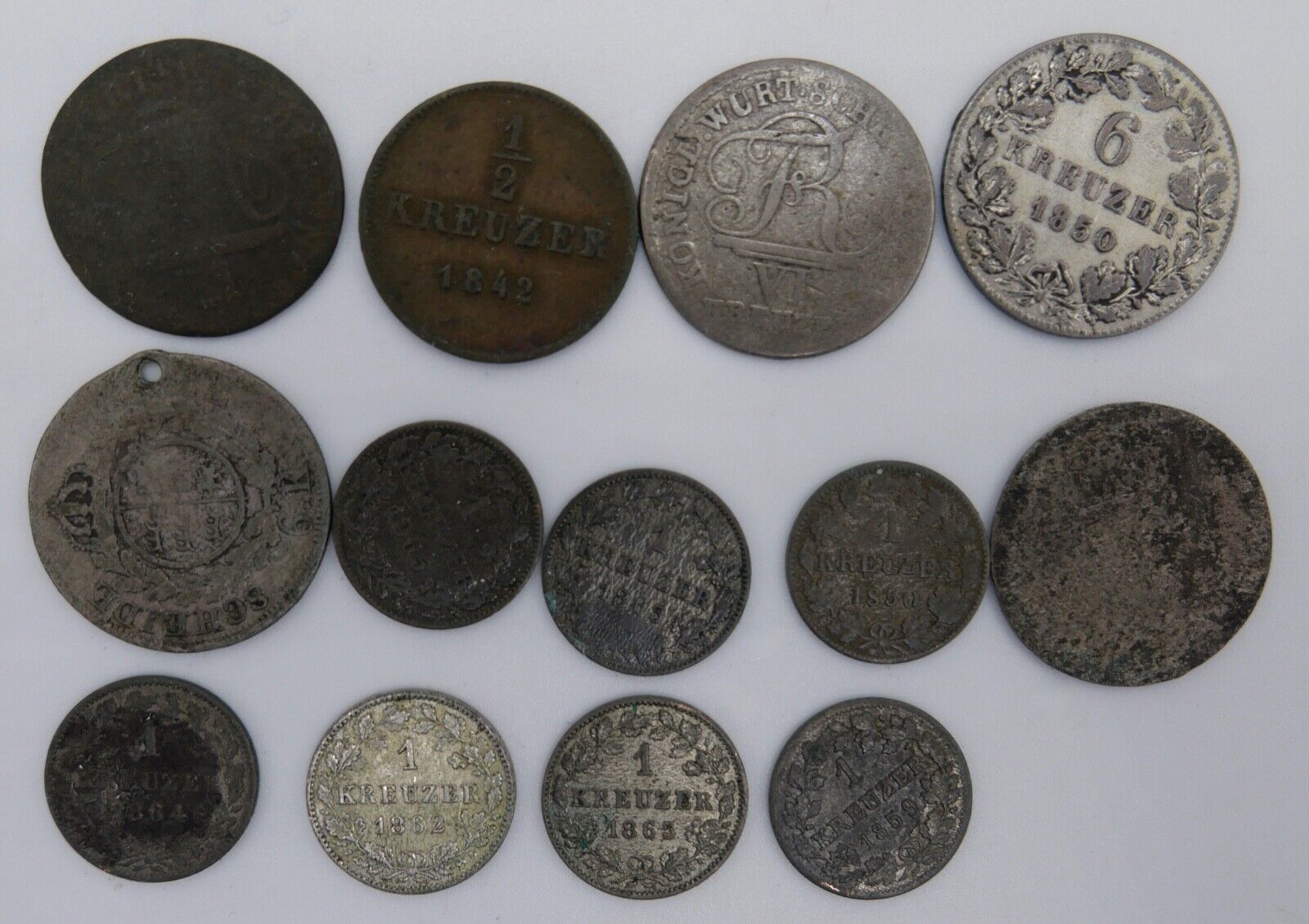 13x LOT 1/2 ,1 , 6 Kreuzer Württemberg 1810 1825 1850 1859 1862 1865 18631864 - Antikhandel-Stuttgart