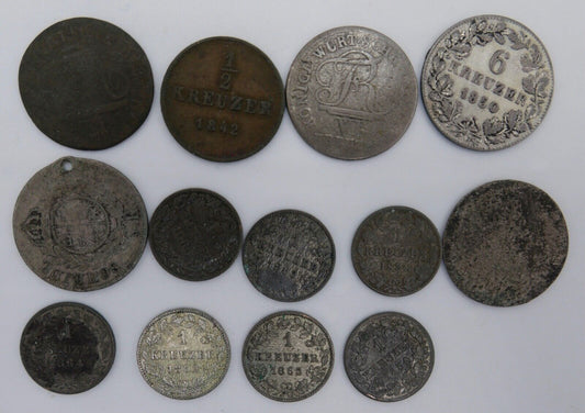 13x LOT 1/2 ,1 , 6 Kreuzer Württemberg 1810 1825 1850 1859 1862 1865 18631864 - Antikhandel-Stuttgart