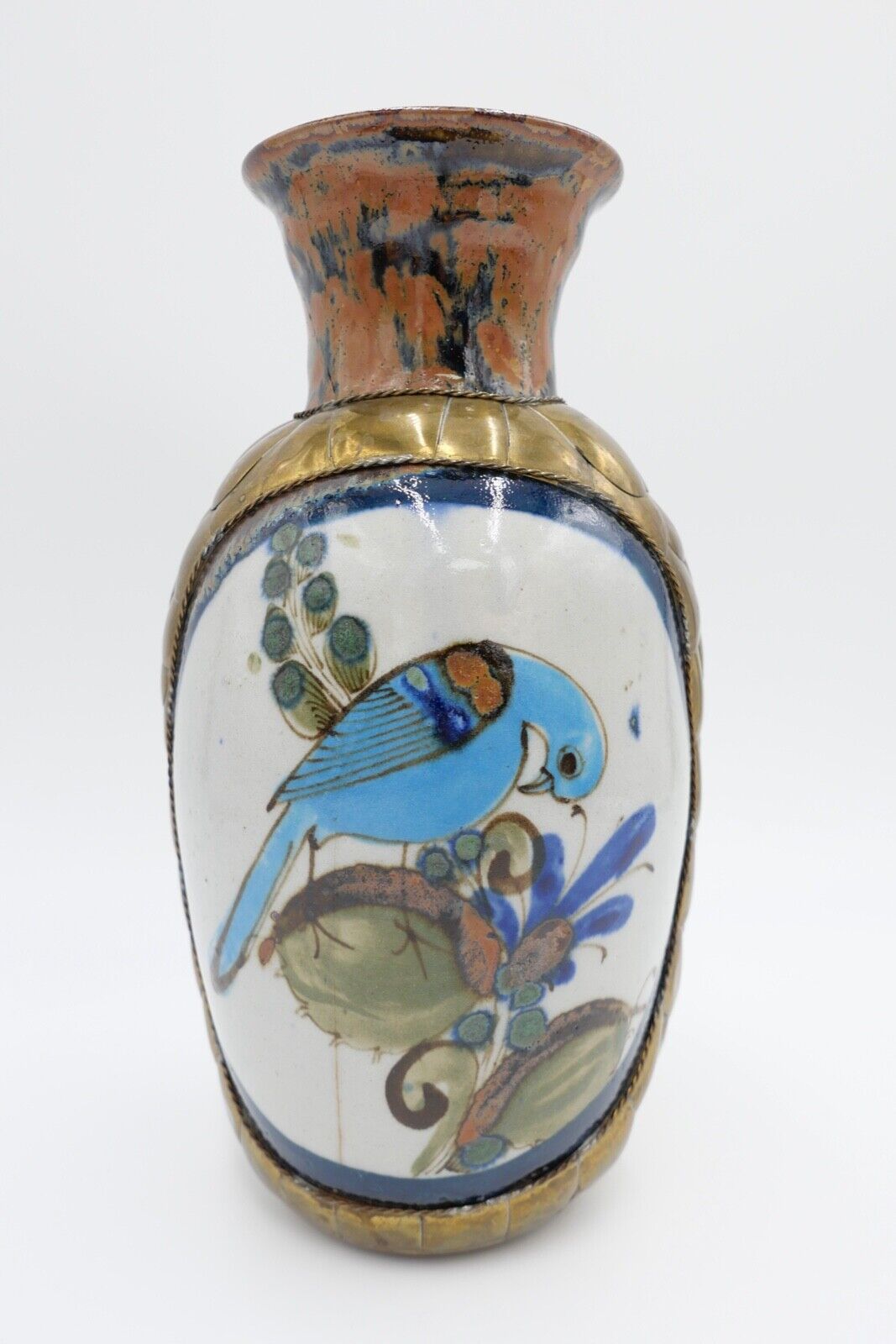 vintage unikat handbemalte Vase Messing Ton Stein Blumen Vögel Taube H: 25,7 cm - Antikhandel-Stuttgart