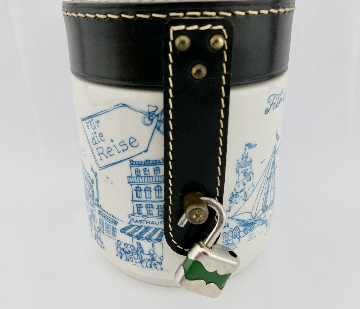 Reisespardose Helmut Krüger Porzellanmanufaktur Berlin 1950-60er mit Lederdeckel - Antikhandel-Stuttgart