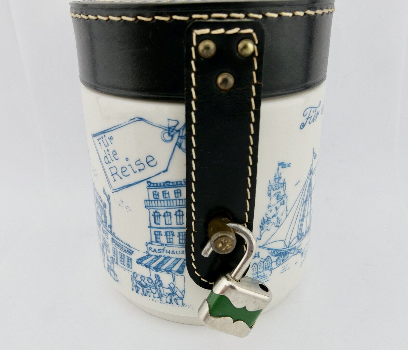 Reisespardose Helmut Krüger Porzellanmanufaktur Berlin 1950-60er mit Lederdeckel - Antikhandel-Stuttgart