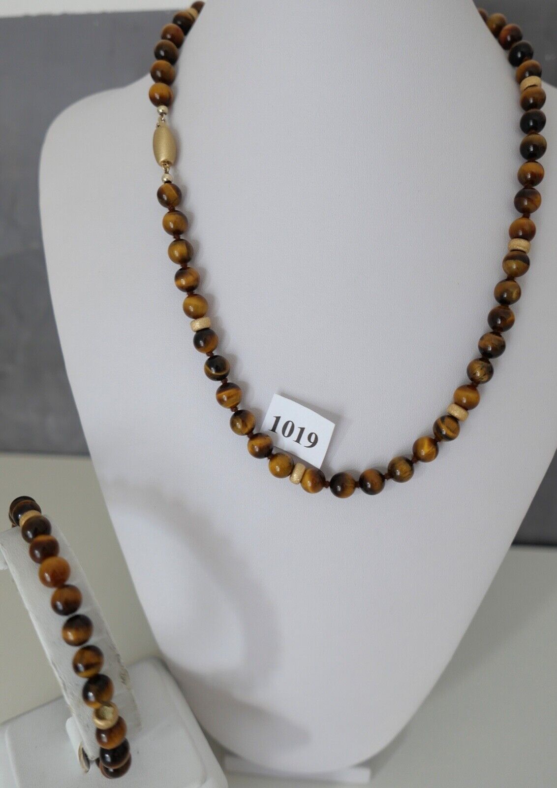 SET Kette Armreif Tiegerauge 51,5 cm Gold JKa 585 14K Perlen necklace Ø 8 mm - Antikhandel-Stuttgart