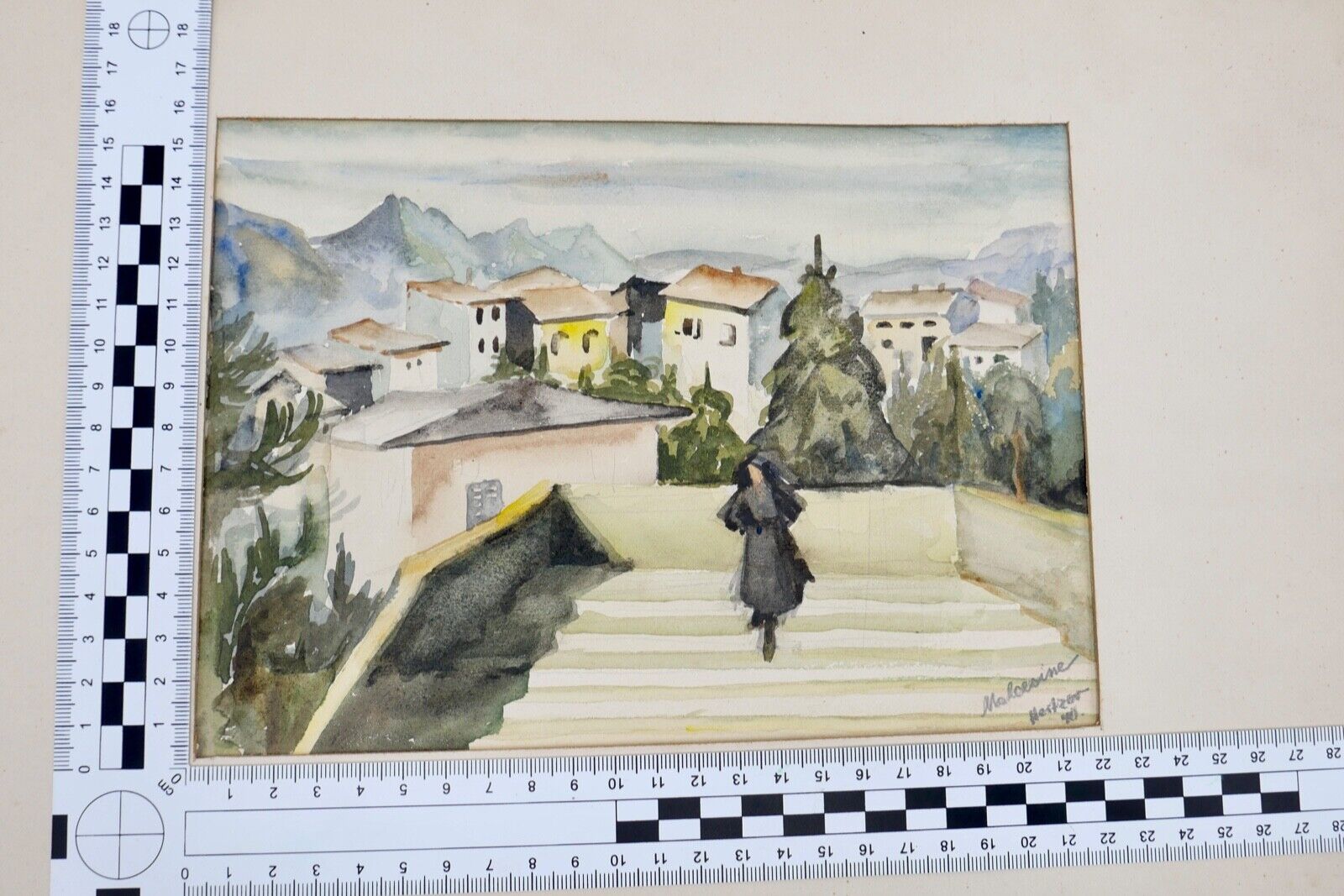 1940 Else Hertzer Aquarell signiert Malcesine Gardasee Frau Treppe 42x32 cm - Antikhandel-Stuttgart
