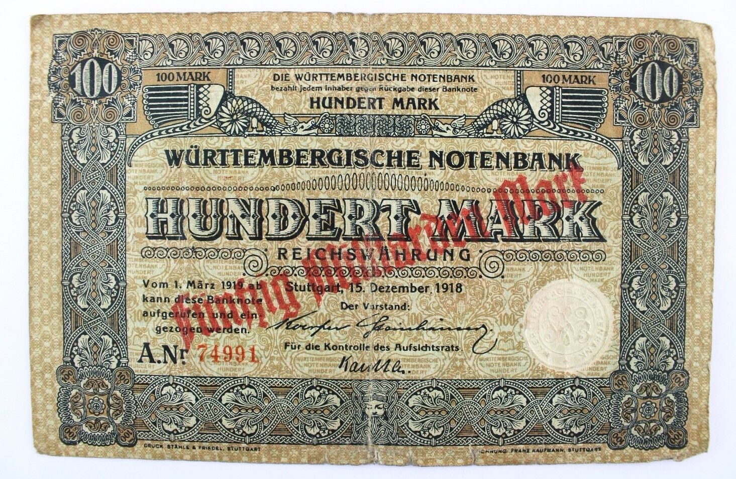 WTB 22 Banknote 100 Mark Hundert 1918 Württembergisches NOTENBANK - Antikhandel-Stuttgart