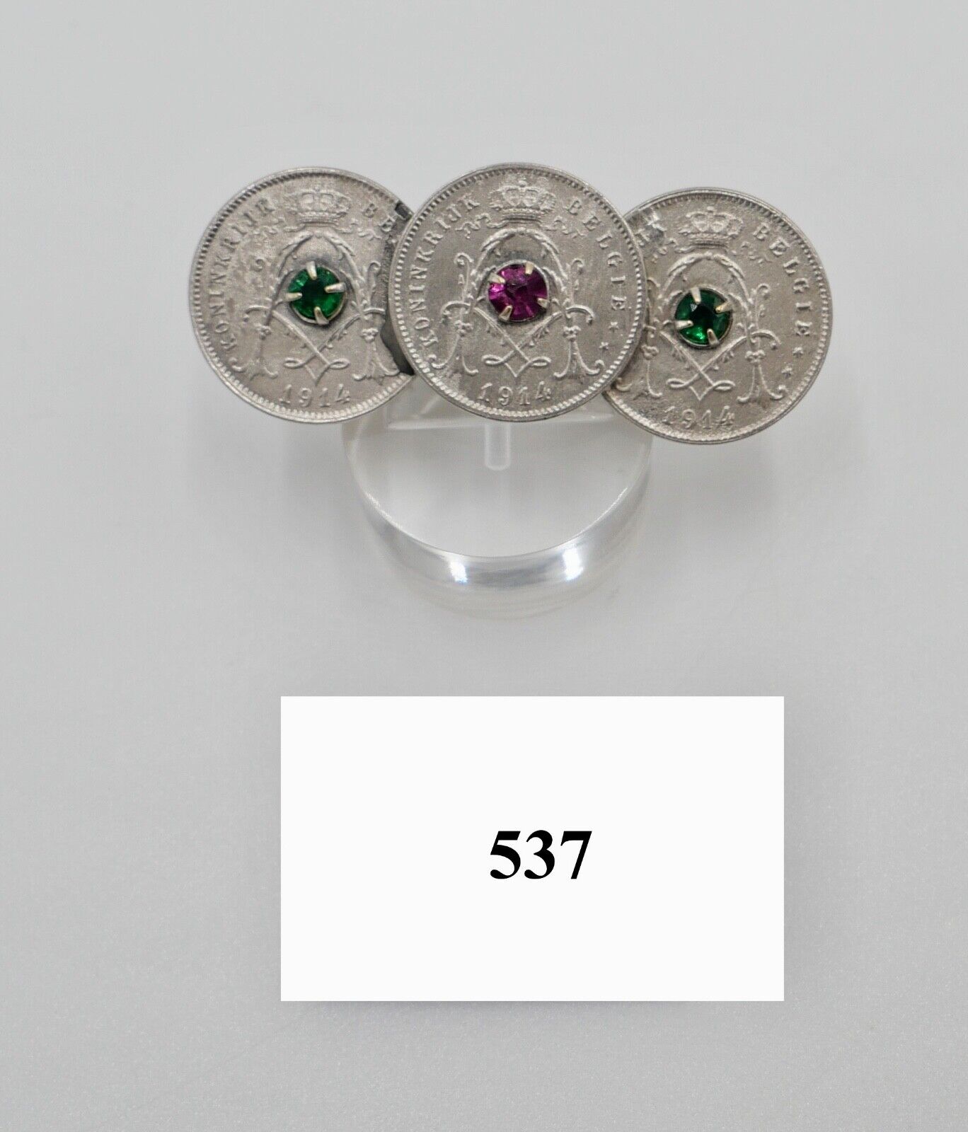 Brosche 5 Centimes CEN Belgien Belgium 1914 mit Pink & Grün Glas Einsatz - Antikhandel-Stuttgart