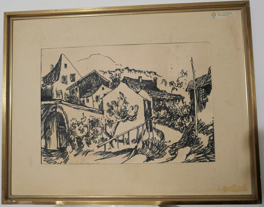 Alte Zeichnung signiert FRITZ WIEDERMANN " HÄUSERGRUPPE " 67x53 cm - Antikhandel-Stuttgart