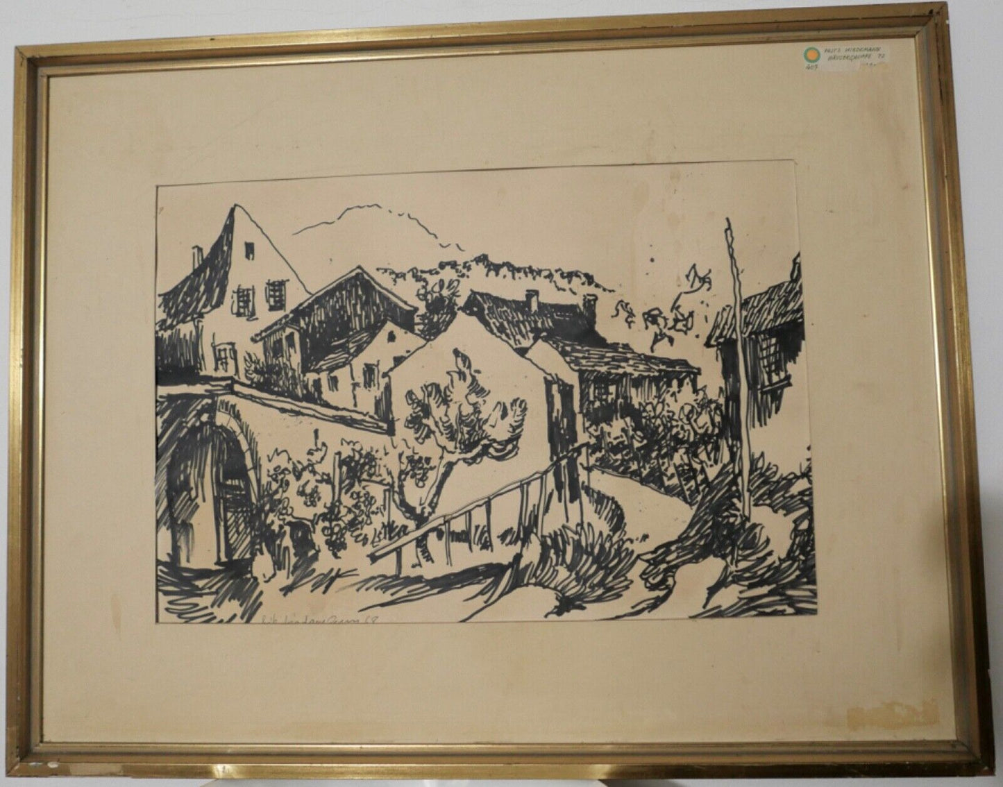 Alte Zeichnung signiert FRITZ WIEDERMANN " HÄUSERGRUPPE " 67x53 cm - Antikhandel-Stuttgart