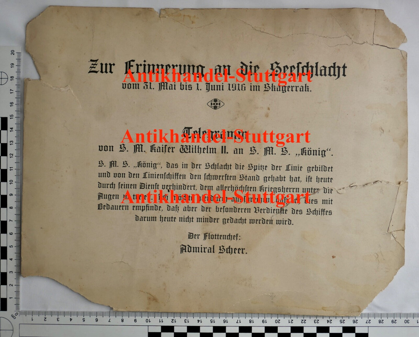 TELEGRAMM " Erinnerung Seeschlacht " Adm. Scheer S.M. Wilhelm an S.M.S. König - Antikhandel-Stuttgart