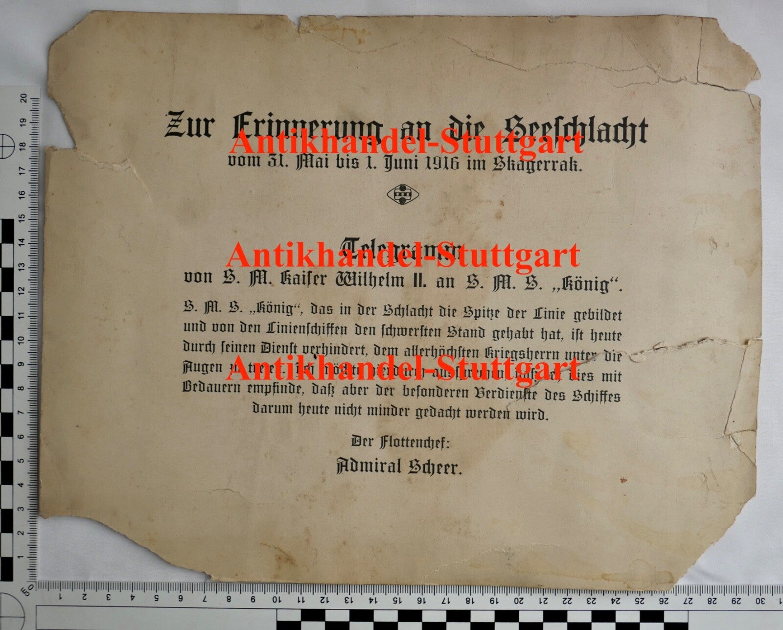 TELEGRAMM " Erinnerung Seeschlacht " Adm. Scheer S.M. Wilhelm an S.M.S. König - Antikhandel-Stuttgart