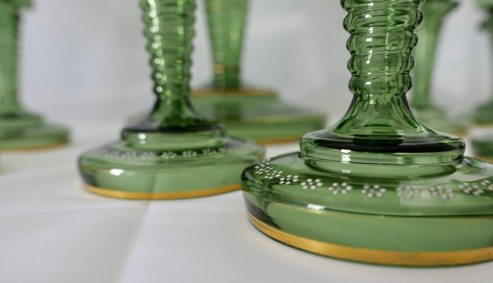 Antike Weinrömer Gläser Pokal XXL Bowle Set grün Emaille RAR Goldrand 53cm 1900 - Antikhandel-Stuttgart