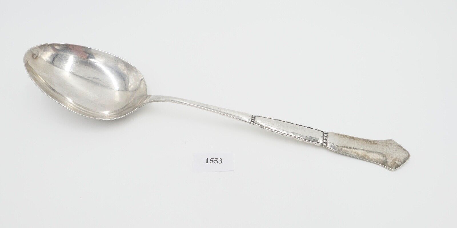 SCF Dänemark 2 Türme XXL Suppenlöffel 36 cm versilbert Monogramm EB gehämmert - Antikhandel-Stuttgart