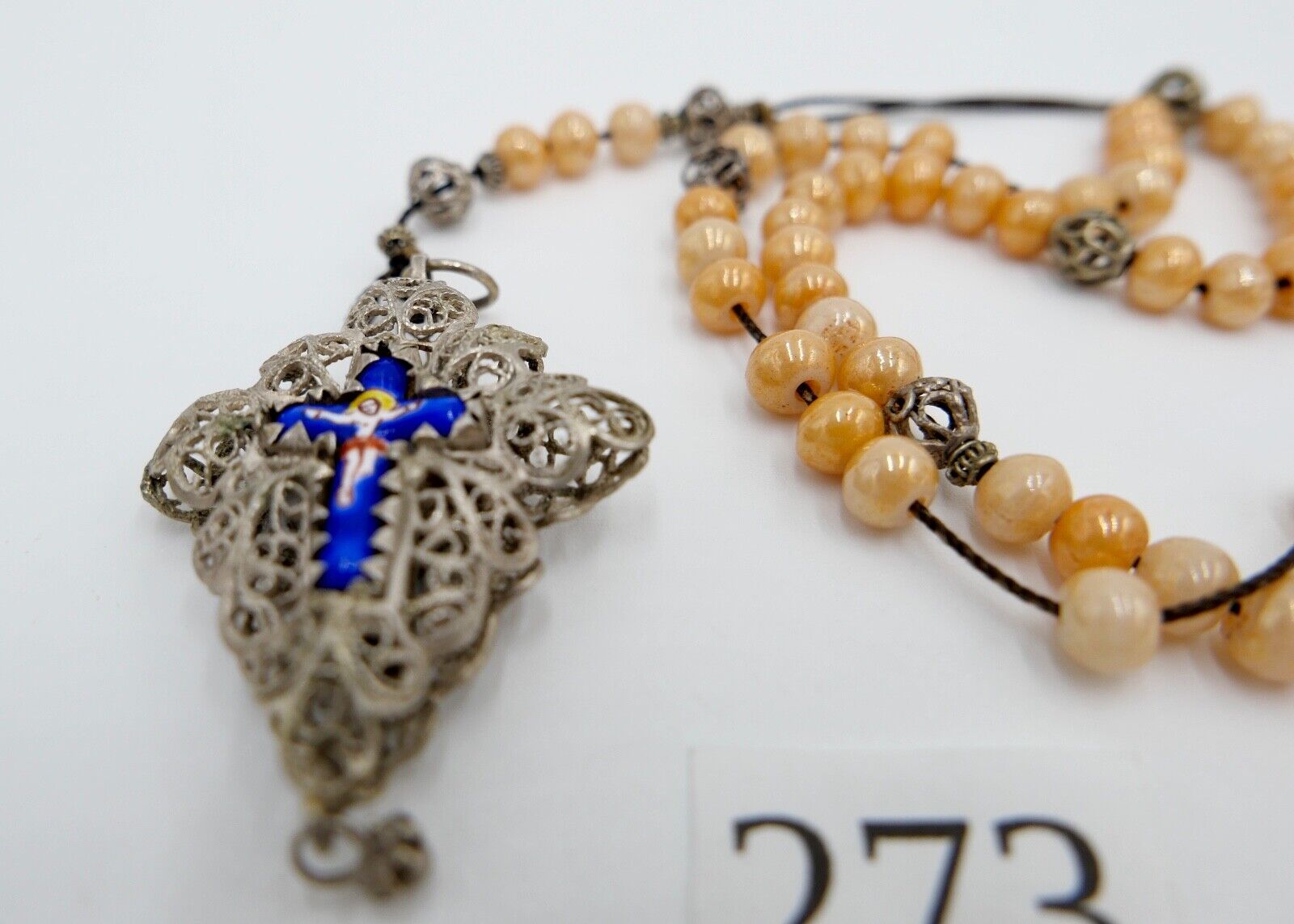Antiker Filigraner Rosenkranz / Gebetskette Emaile Email Kreuz Silber um 1870 - Antikhandel-Stuttgart