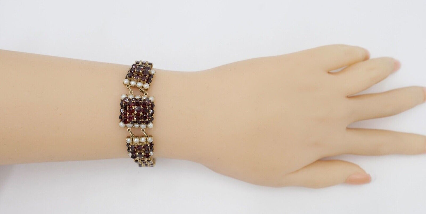 80er Jahre Gold Armband mit Granat und Perle 333 / 8 K Gold - Antikhandel-Stuttgart