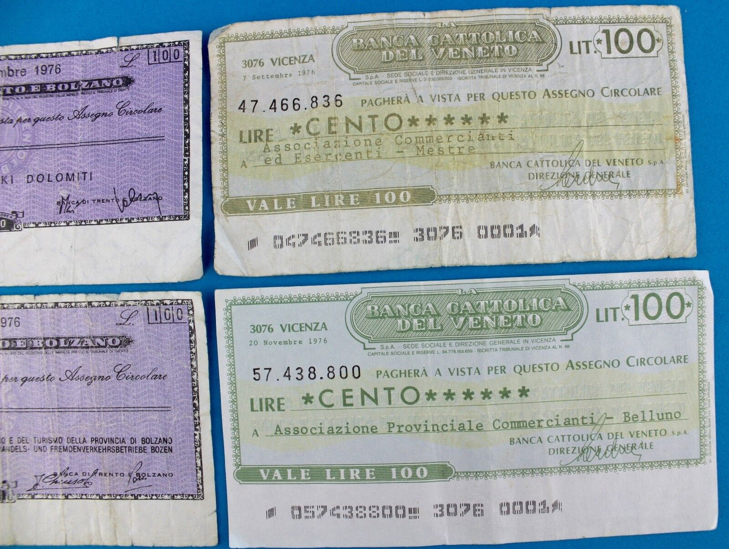 4x 100 Lire Cento Banca Cattolica / Trento Bolzano Italy Banknoten 1976 bill - Antikhandel-Stuttgart