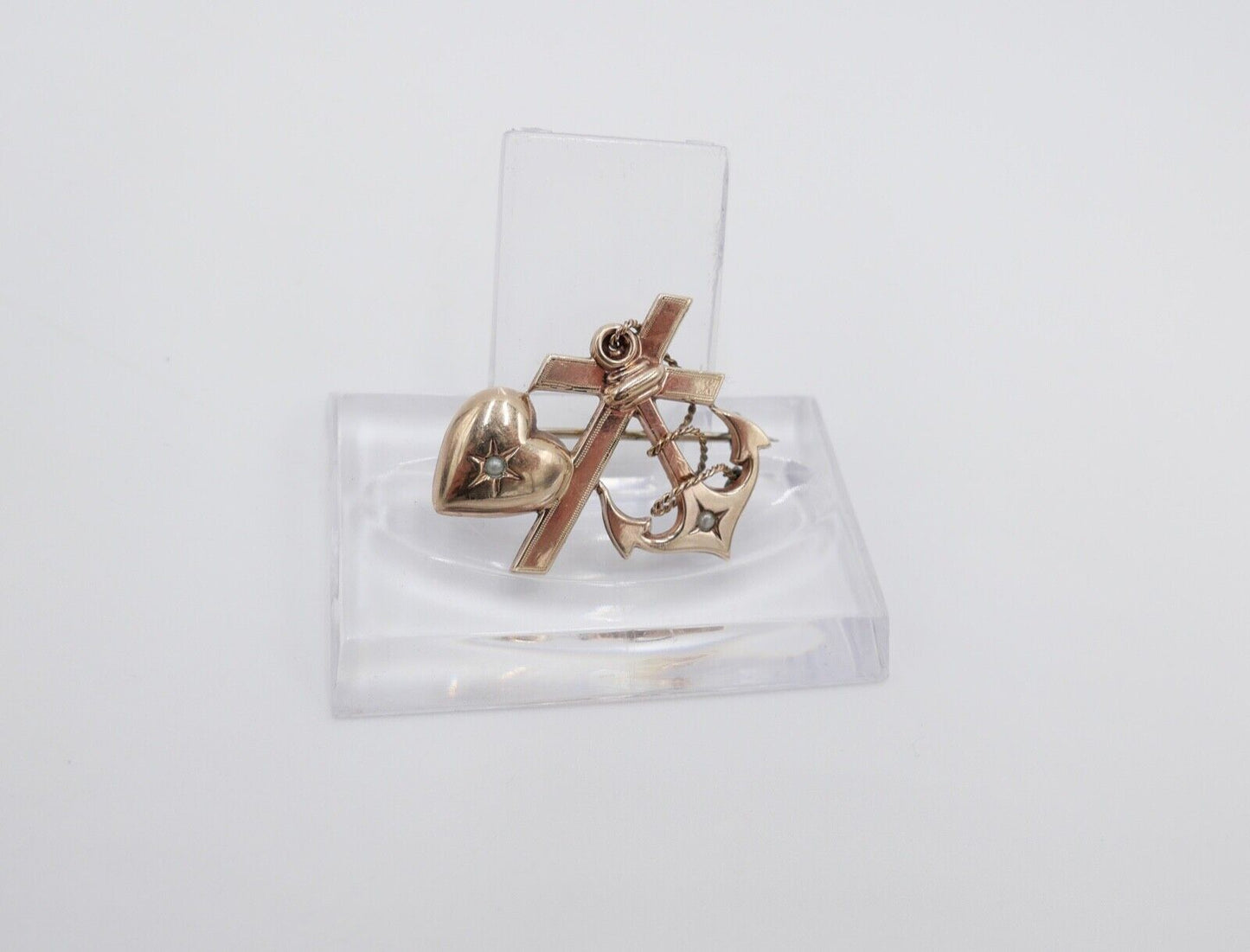 antike Brosche um 1900 Seefahrt Anker Herz Kreuz mit Perlen Silber vergoldet - Antikhandel-Stuttgart