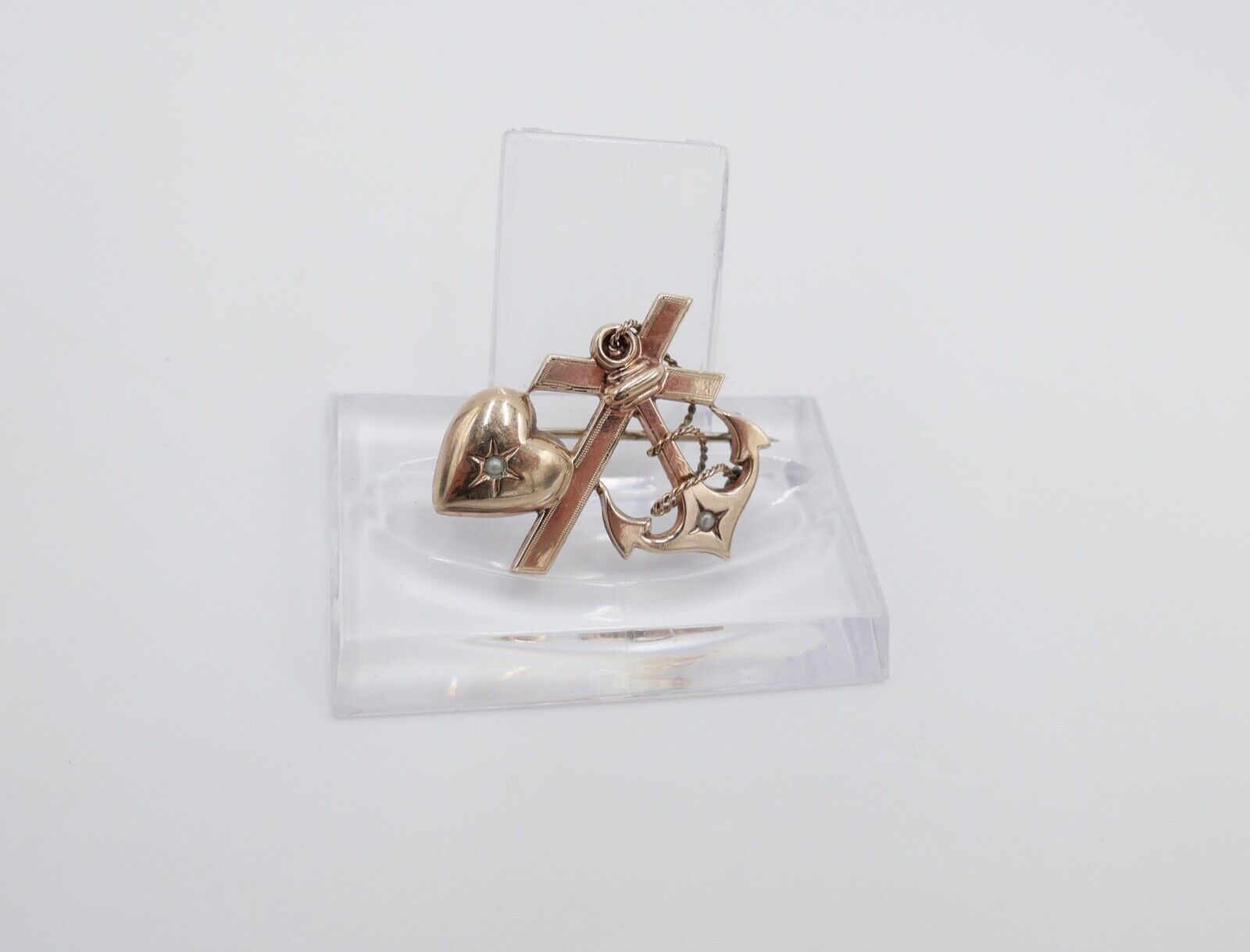 antike Brosche um 1900 Seefahrt Anker Herz Kreuz mit Perlen Silber vergoldet - Antikhandel-Stuttgart