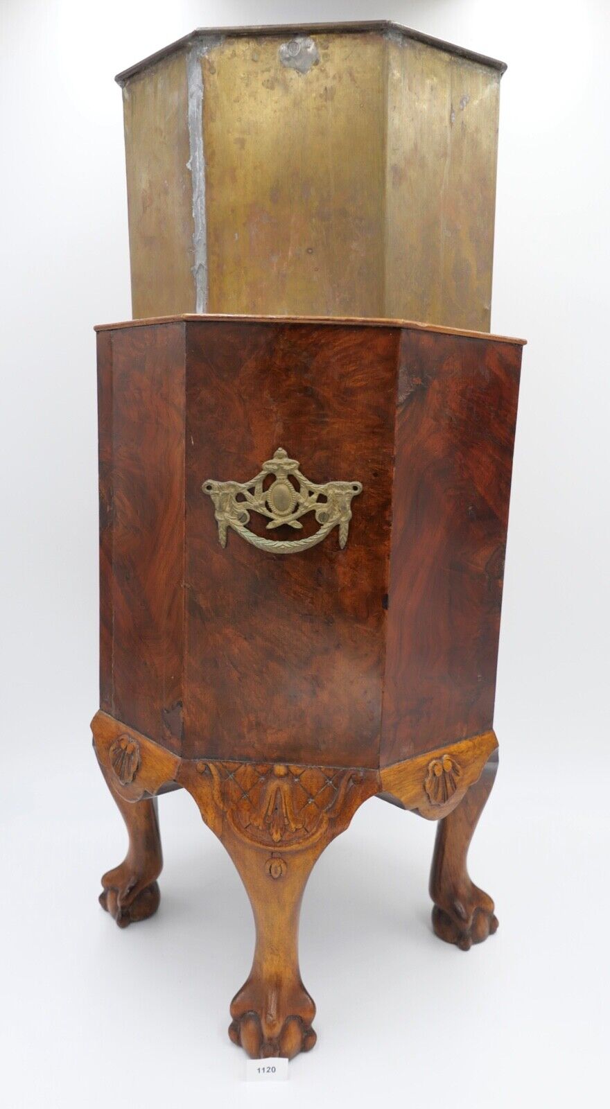 antik englischer Chippendale Jardinire Blumentopf Kupfer Tatzen Nussbaumholz - Antikhandel-Stuttgart