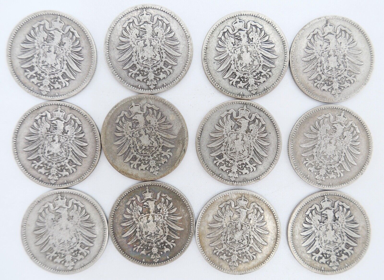 12x 1 Mark Deutsches Reich 1874 - 1880A B G Jäger J.9 Silber in SS - Antikhandel-Stuttgart