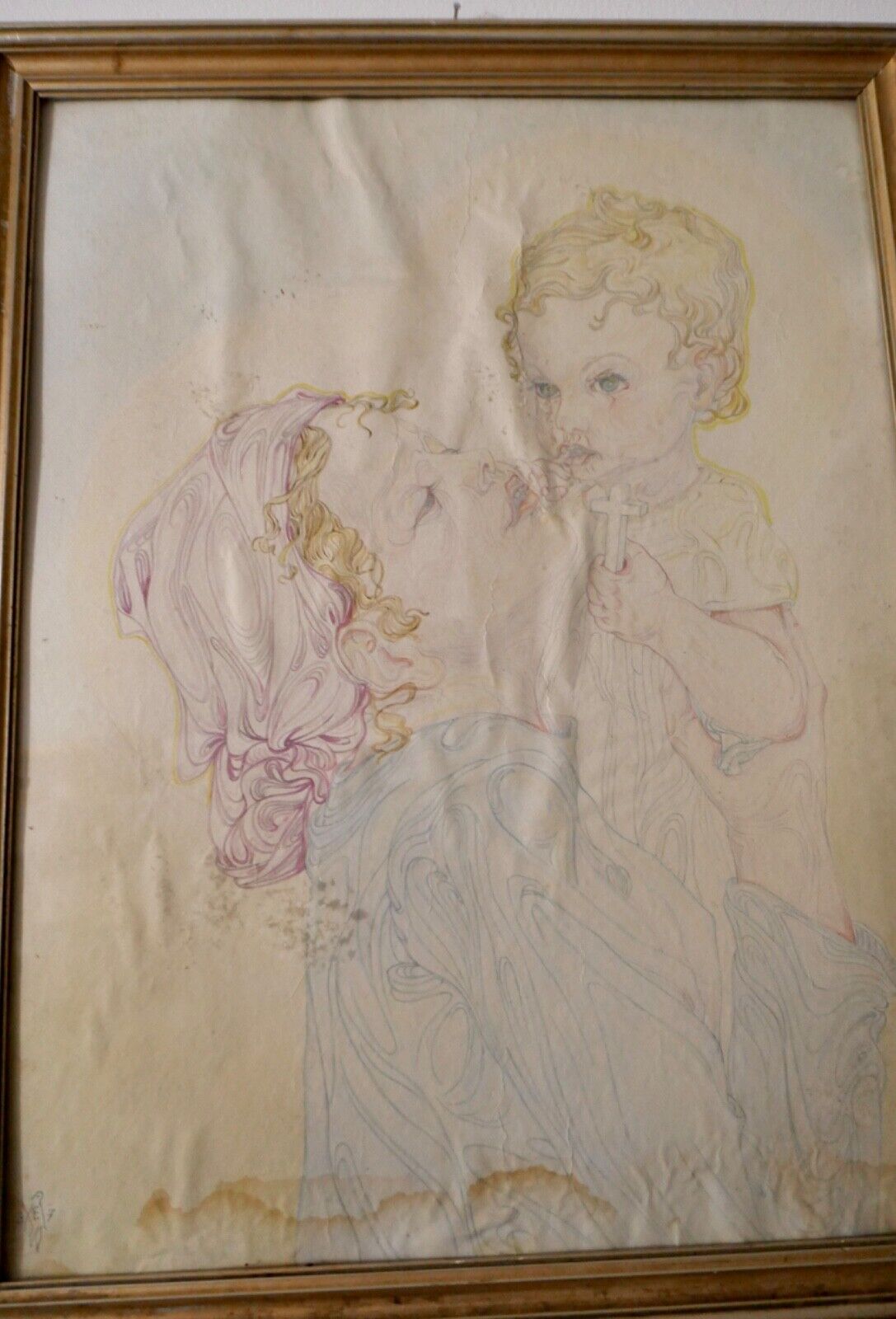 Alte bunte Bleistiftzeichnung Frau mit Kind und Kreuz signiert 41x52 cm - Antikhandel-Stuttgart
