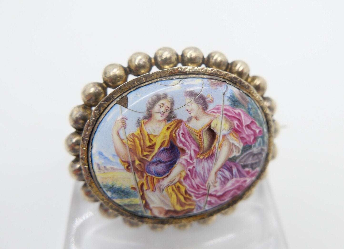antike Brosche aus dem 19. Jh Silber vergoldet Emaille Barock Szene - Antikhandel-Stuttgart