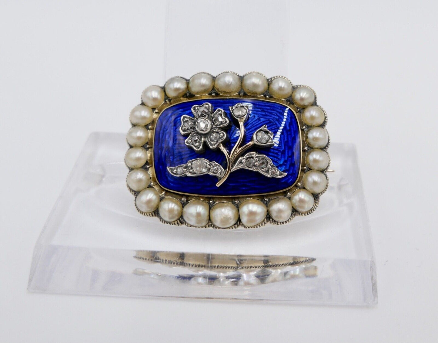 1850 antike Brosche 750 18K Gold viktorianisch floral Diamanten Perlen Emaille - Antikhandel-Stuttgart