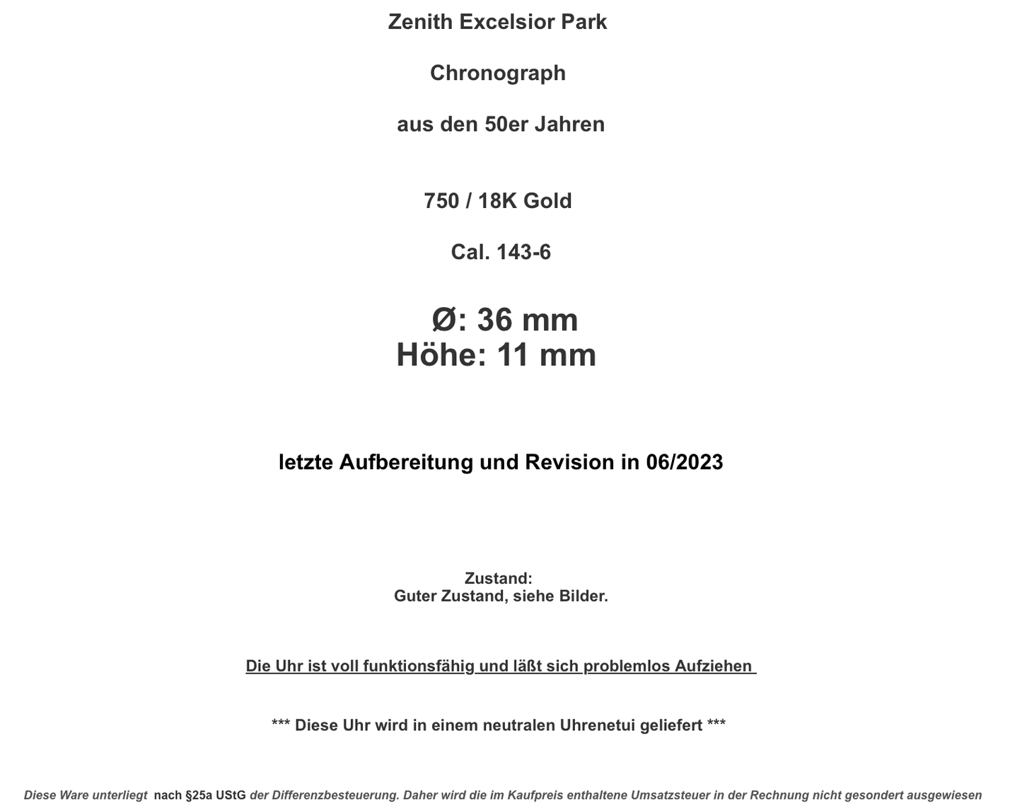 50er Jahre Zenith Excelsior Park Chronograph 750 / 18K Gold Cal. 143-6 - Antikhandel-Stuttgart