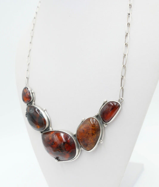 Großes Bernstein Collier Kette 925 Silber HP Halskette Ø 56cm - Antikhandel-Stuttgart