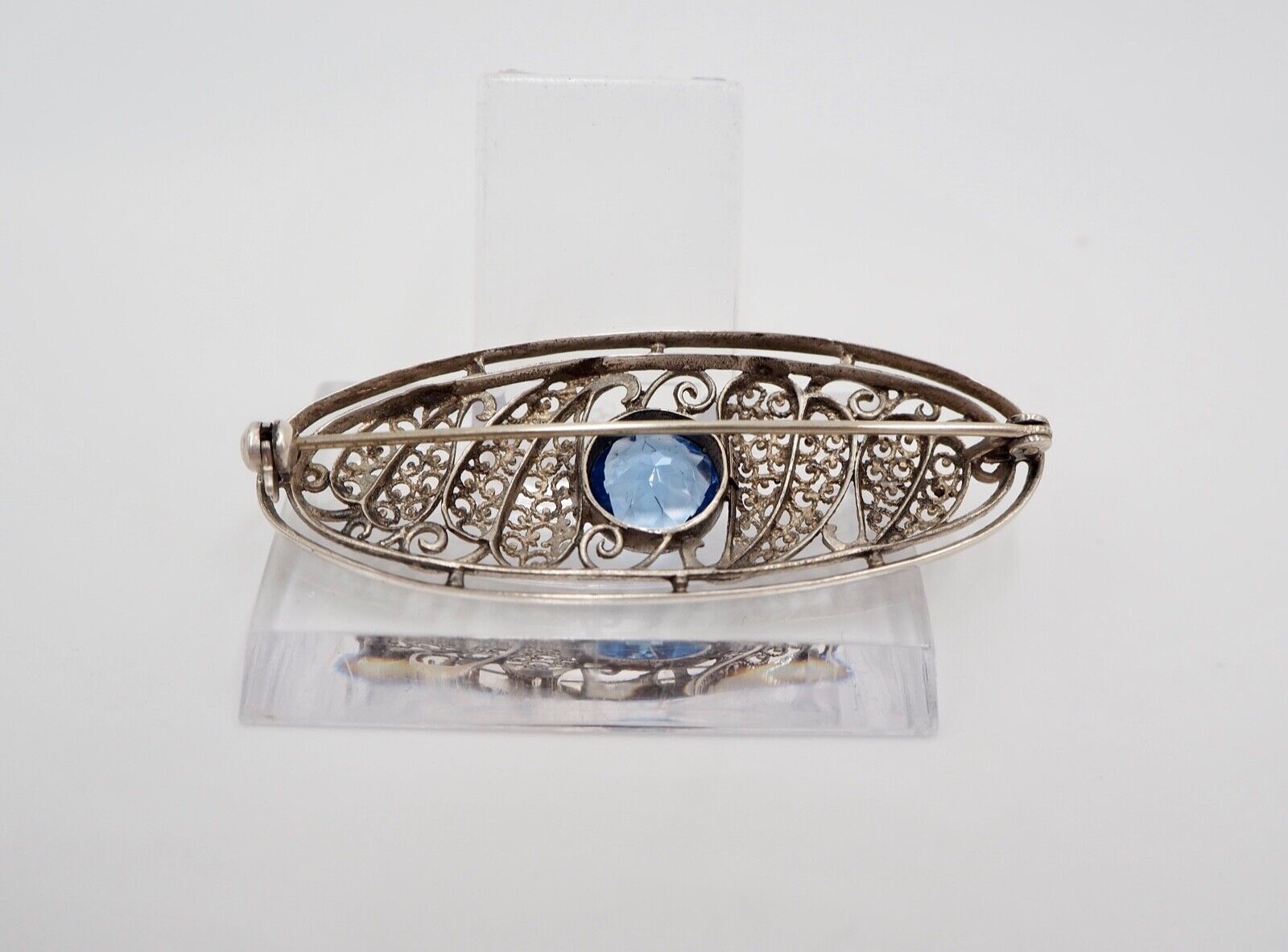 alte 50er Jahre Silber 835 filigran floral Brosche 57mm oval Schmuckstein blau - Antikhandel-Stuttgart