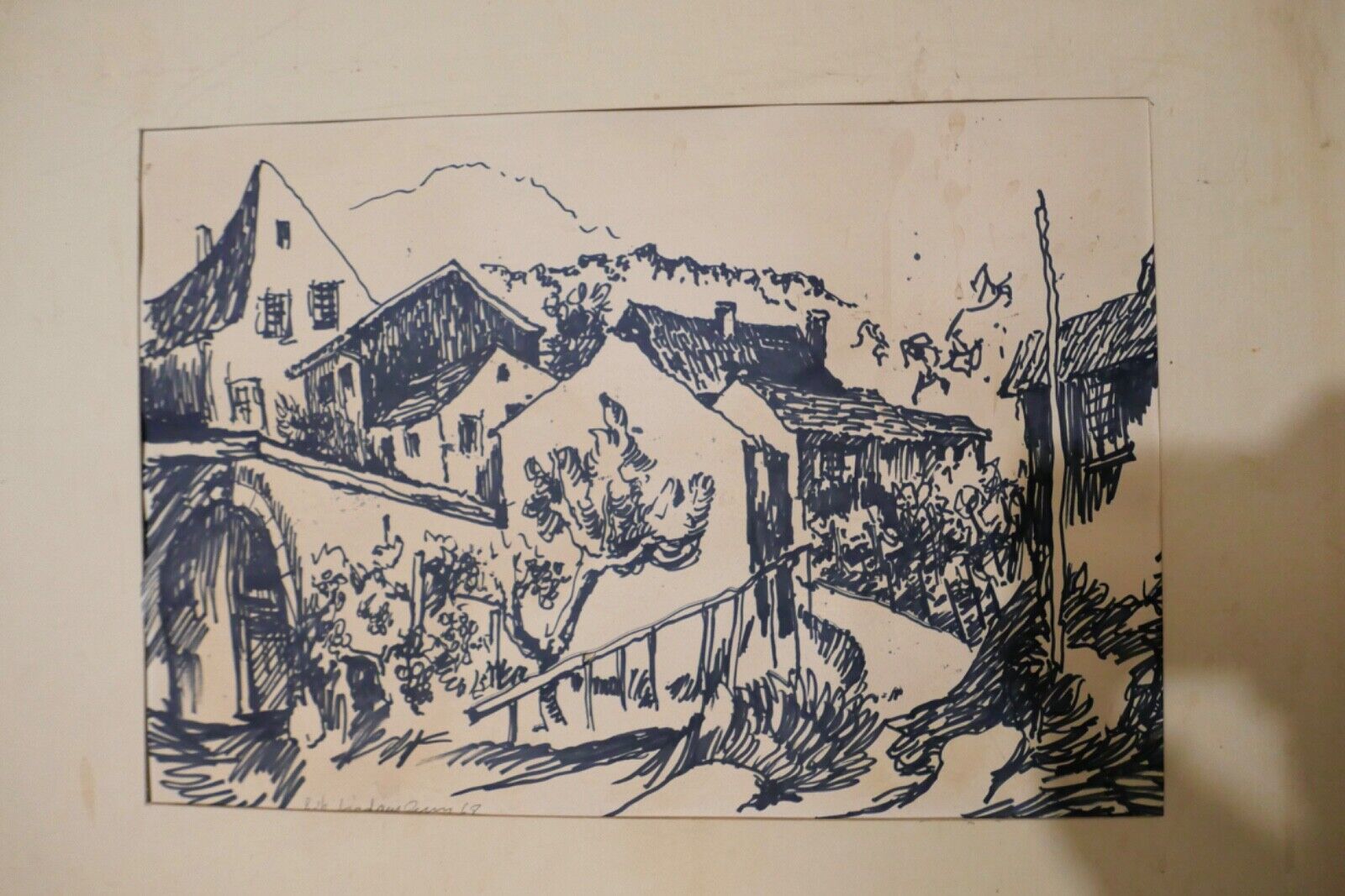 Alte Zeichnung signiert FRITZ WIEDERMANN " HÄUSERGRUPPE " 67x53 cm - Antikhandel-Stuttgart