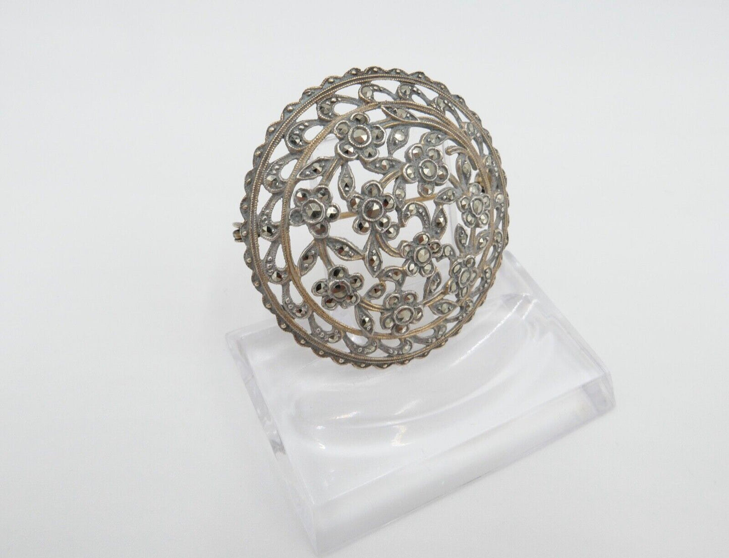 Jugendstil Brosche floral 835 Silber vergoldet mit Markasiten Ø 40 mm - Antikhandel-Stuttgart