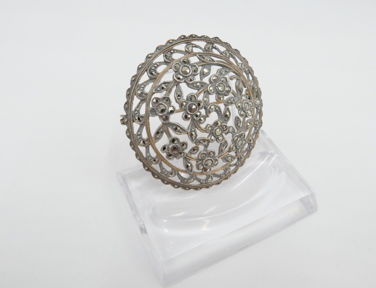 Jugendstil Brosche floral 835 Silber vergoldet mit Markasiten Ø 40 mm - Antikhandel-Stuttgart