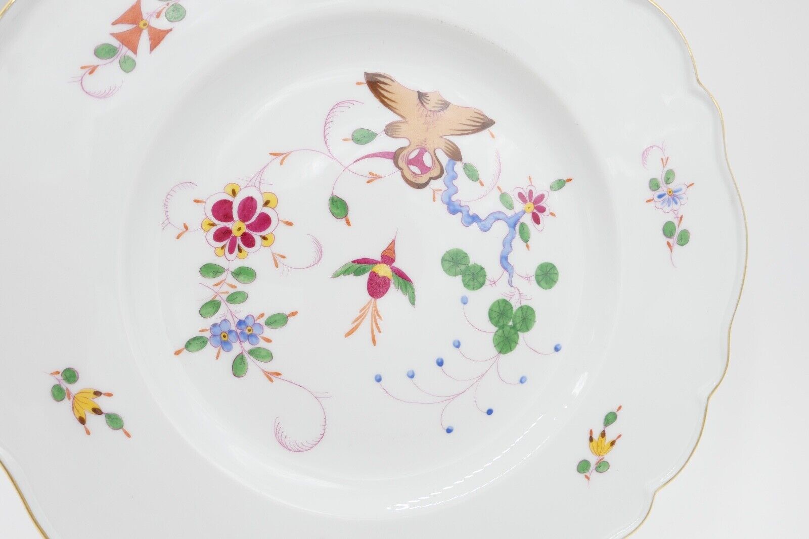 Meissen Porzellan Teller Ø 26,5 cm Wandteller Goldrand FELS & VOGEL Pfeifferzeit - Antikhandel-Stuttgart