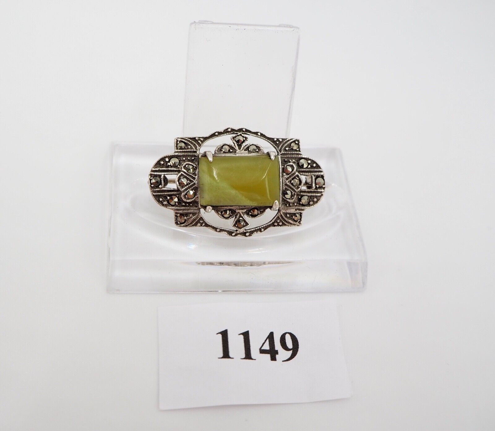 Art Deco 33 mm Brosche Silber 835 mit Markasiten und Edelstein grün - Antikhandel-Stuttgart