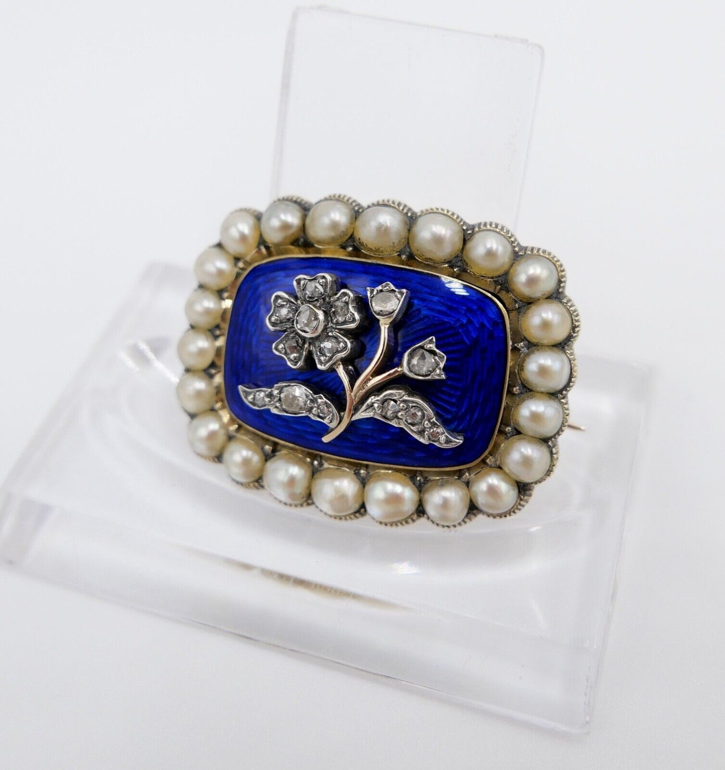 1850 antike Brosche 750 18K Gold viktorianisch floral Diamanten Perlen Emaille - Antikhandel-Stuttgart