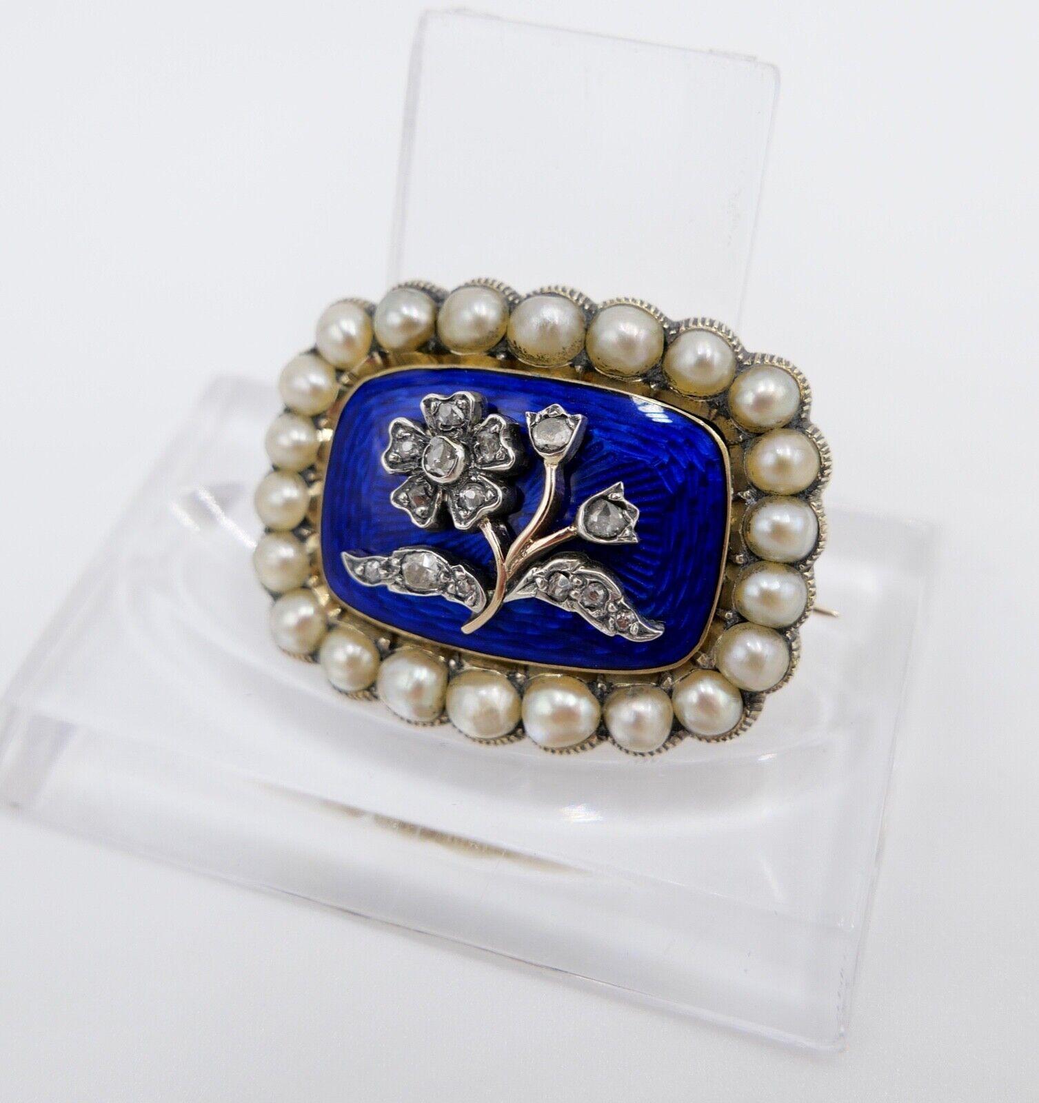 1850 antike Brosche 750 18K Gold viktorianisch floral Diamanten Perlen Emaille - Antikhandel-Stuttgart