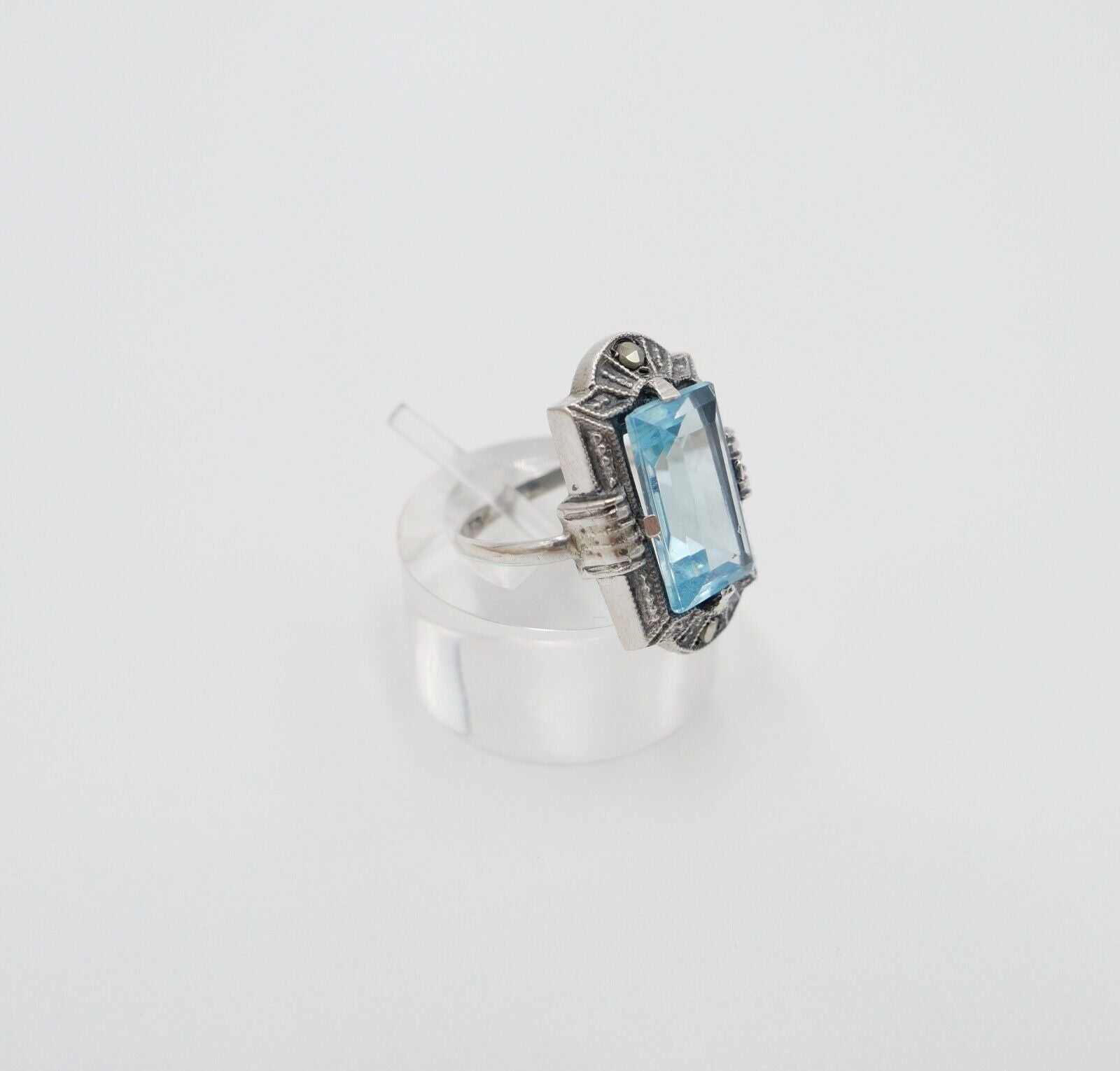 ART DECO Damenring Ring Silber 830 Gr. 53 mit Markasit blauer Glasstein - Antikhandel-Stuttgart