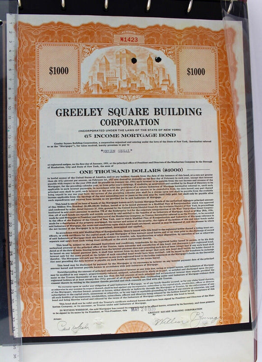 Greeley Square Building Corporation 1936 alte USA Aktie Stock Certificate 1000 - Antikhandel-Stuttgart