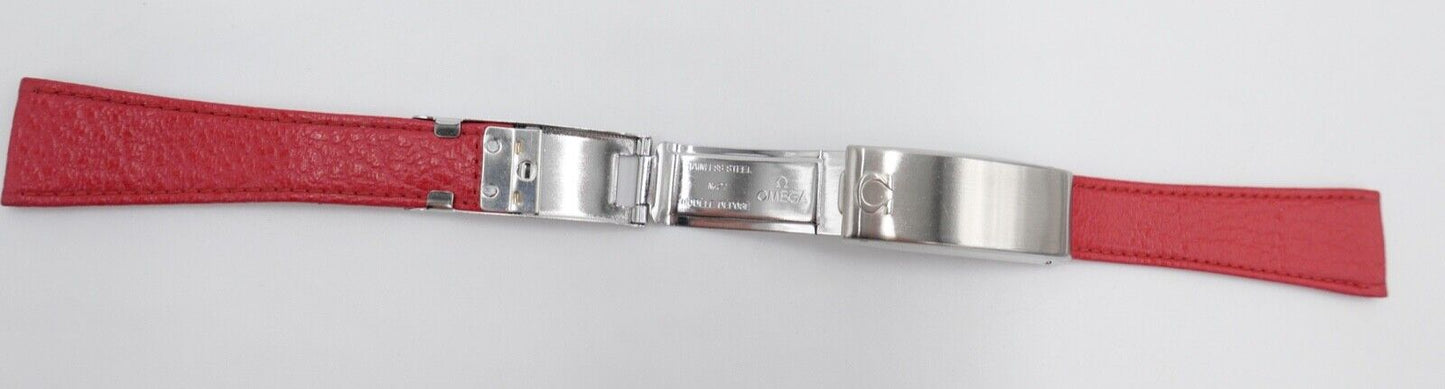 NEU ORIGINAL Vintage OMEGA No. 27 Lederband Rot Edelstahl Faltschliesse 19/14 mm - Antikhandel-Stuttgart
