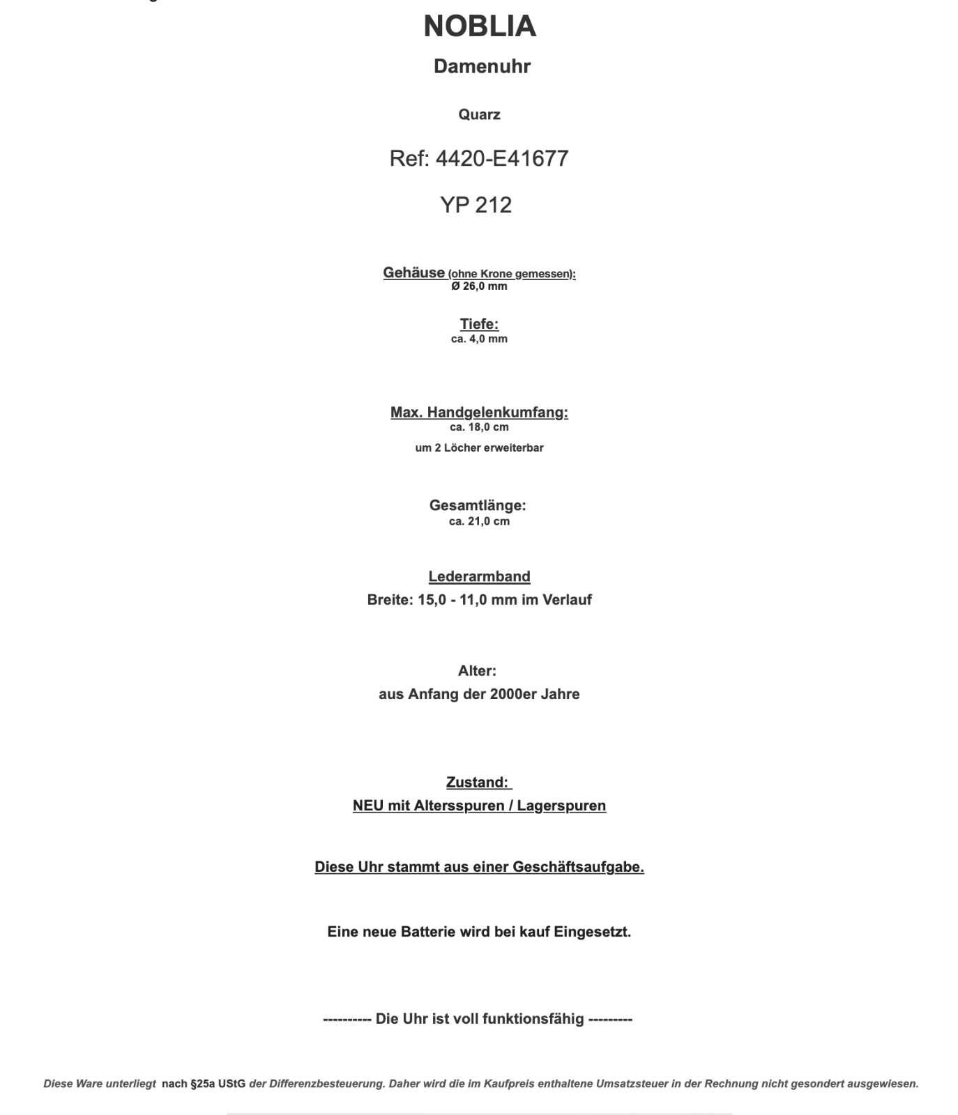 Elegante NOBLIA Damen Uhr NEU YP 212 / 4420-E41677 - Antikhandel-Stuttgart