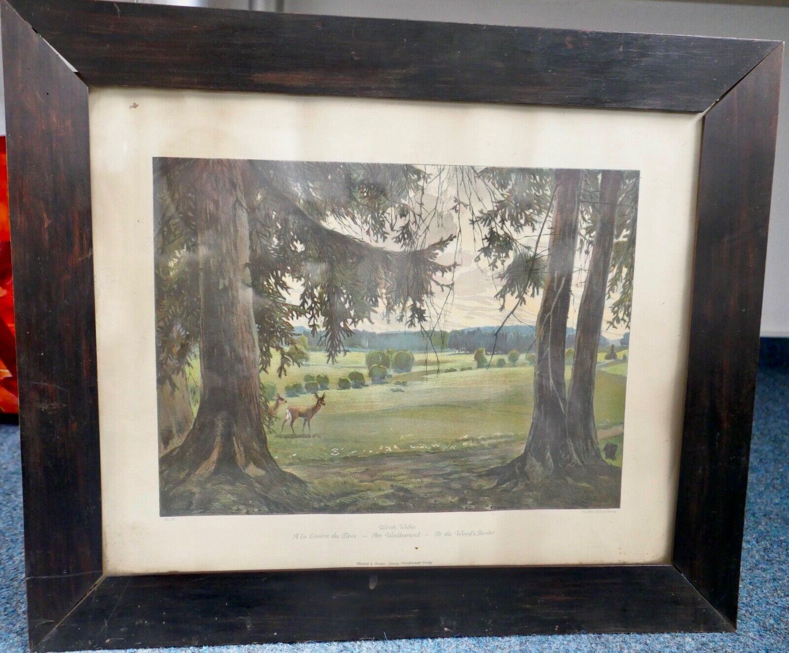 ULRICH WEBER Verlag Leipzig Farb - Lithographie " am Waldesrand " signiert - Antikhandel-Stuttgart