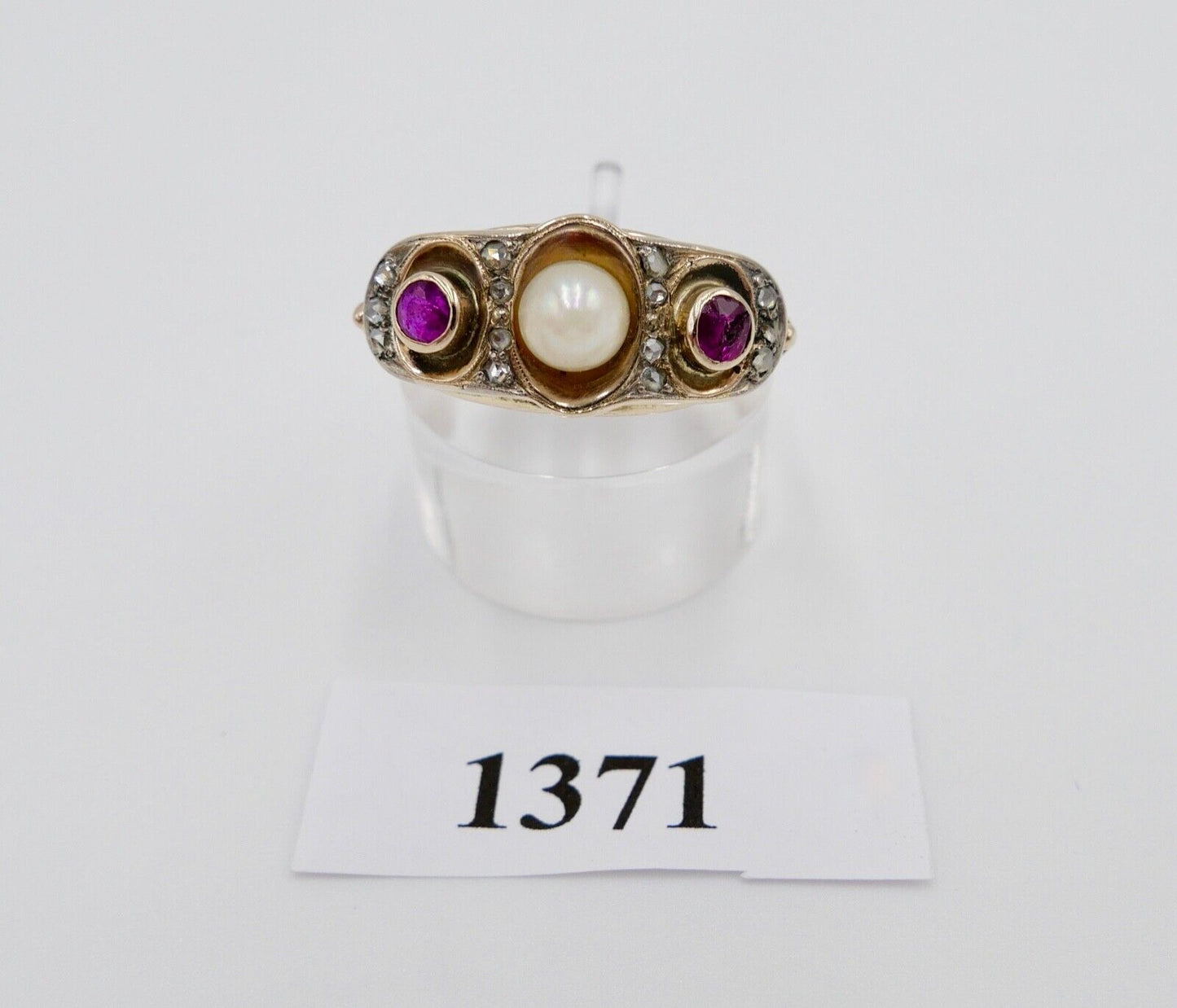 1930er Jahre Diamant Perlen Rubin Damen Gelbgold Ring 585 14K Gr.55 - Antikhandel-Stuttgart