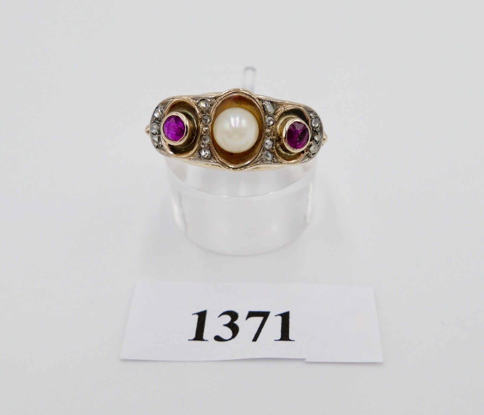 1930er Jahre Diamant Perlen Rubin Damen Gelbgold Ring 585 14K Gr.55 - Antikhandel-Stuttgart