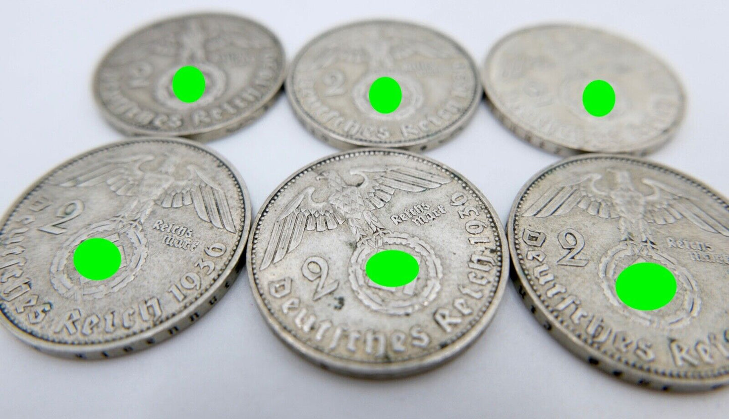 6x 2 Reichsmark 625 Silbermünzen 1936 Jäger J. 366 Hindenburg - Antikhandel-Stuttgart